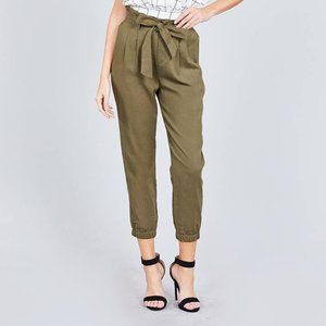 Paperbag W/bow Tie Elastic Hem Long Linen Pants-Olive